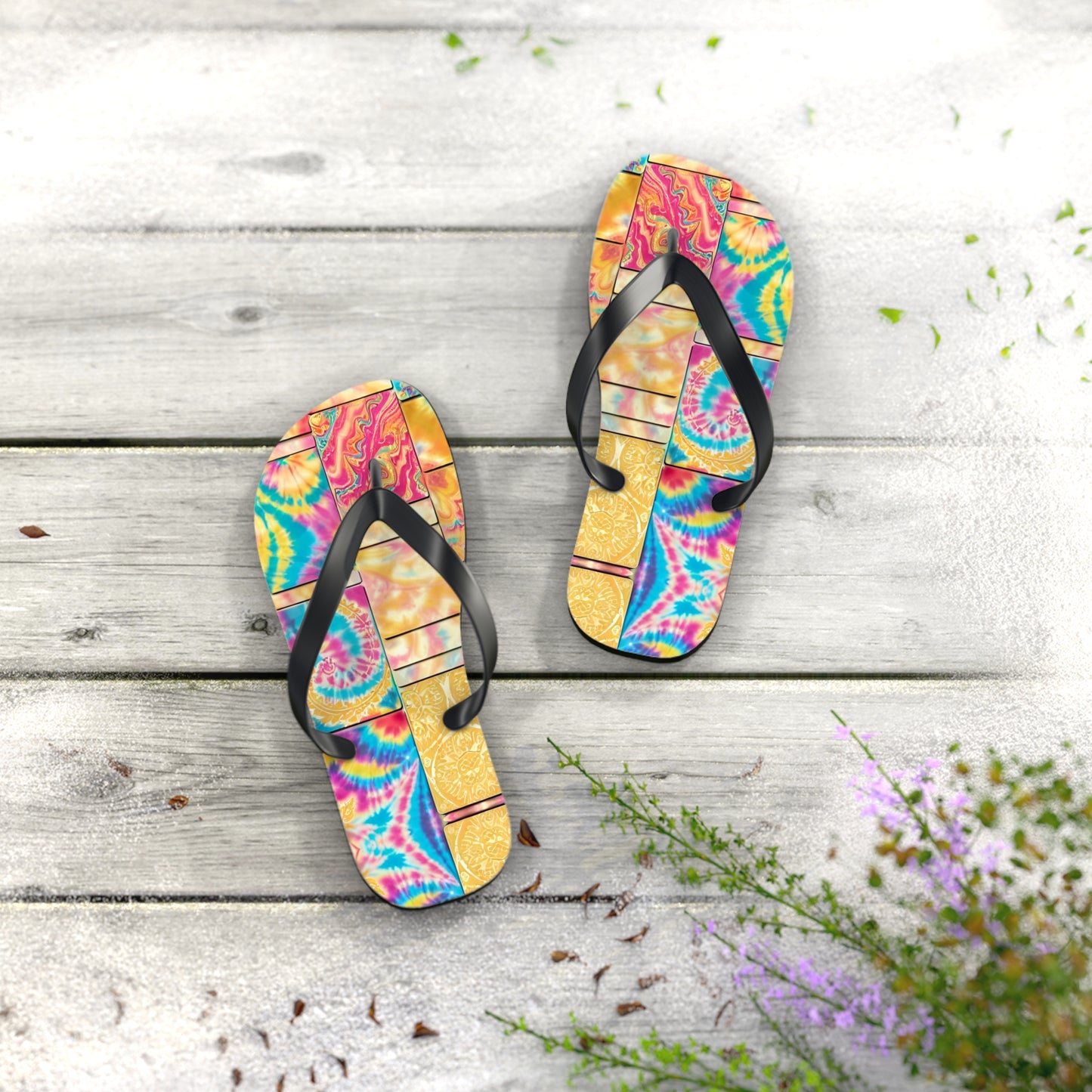 Tie Dye Gold Flip Flops