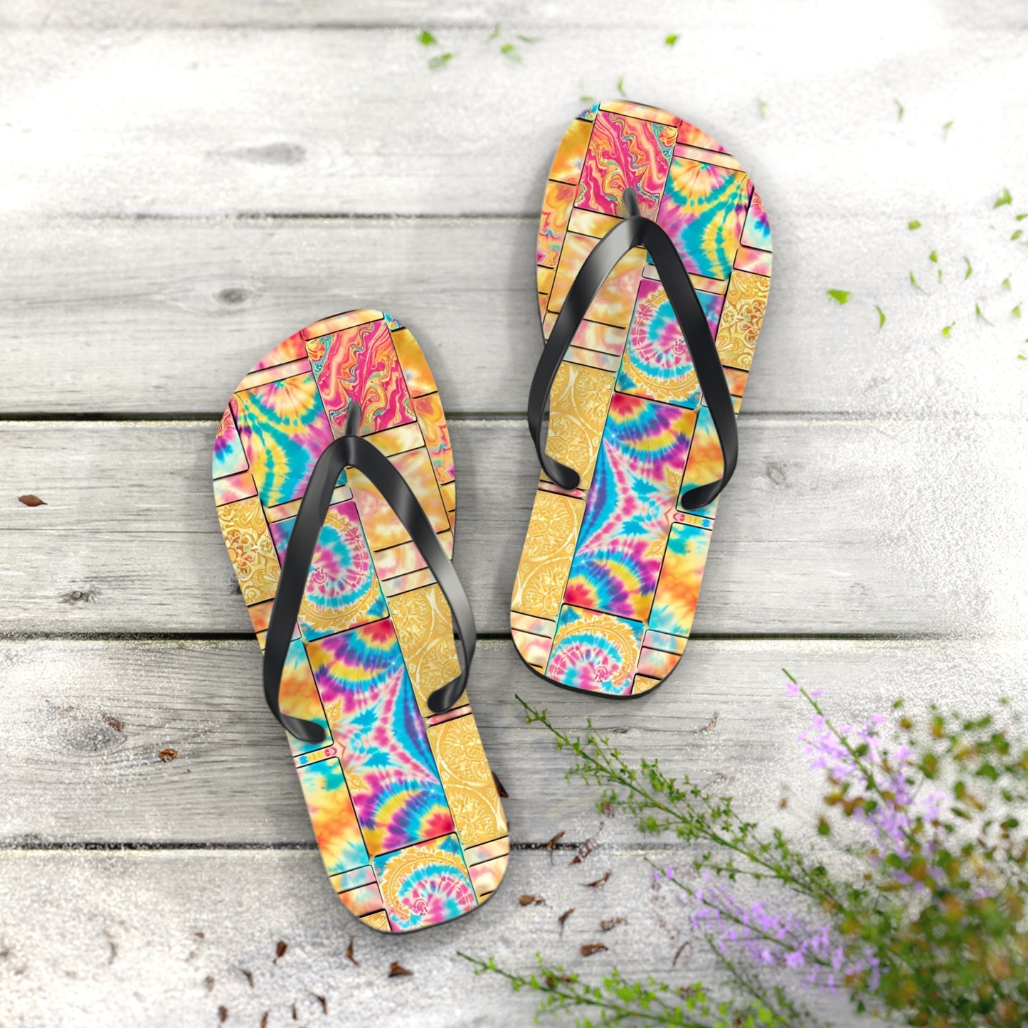 Tie Dye Gold Flip Flops