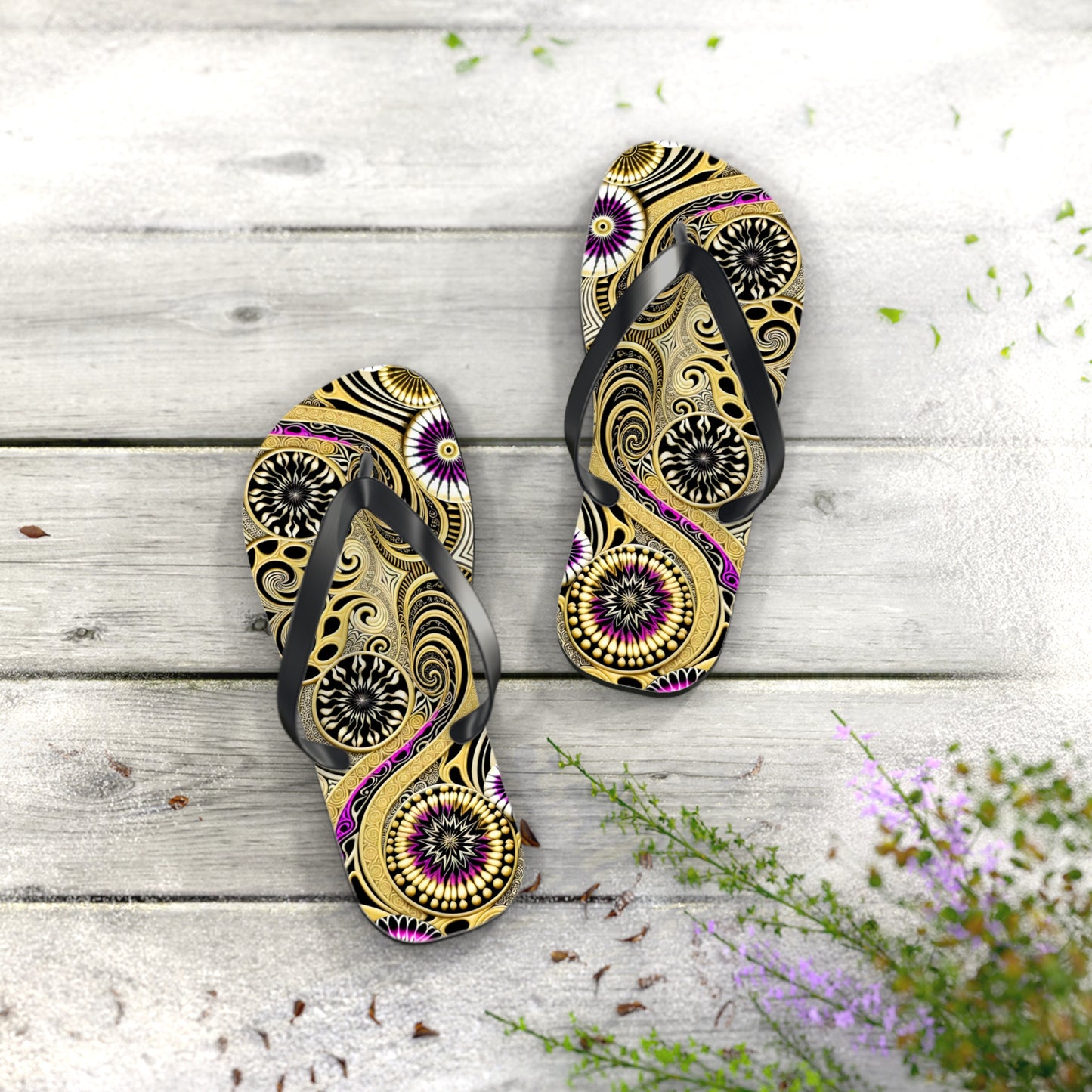 Golden Swirl Flip Flops