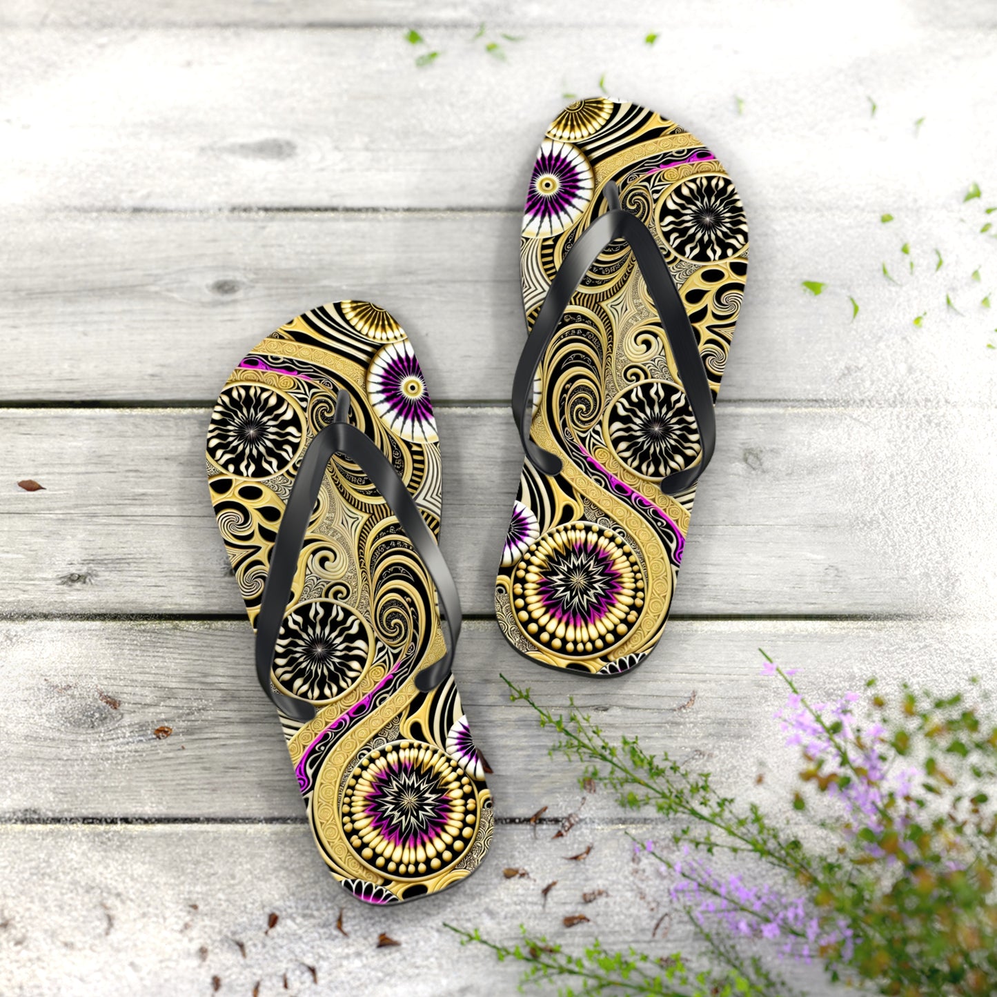 Golden Swirl Flip Flops