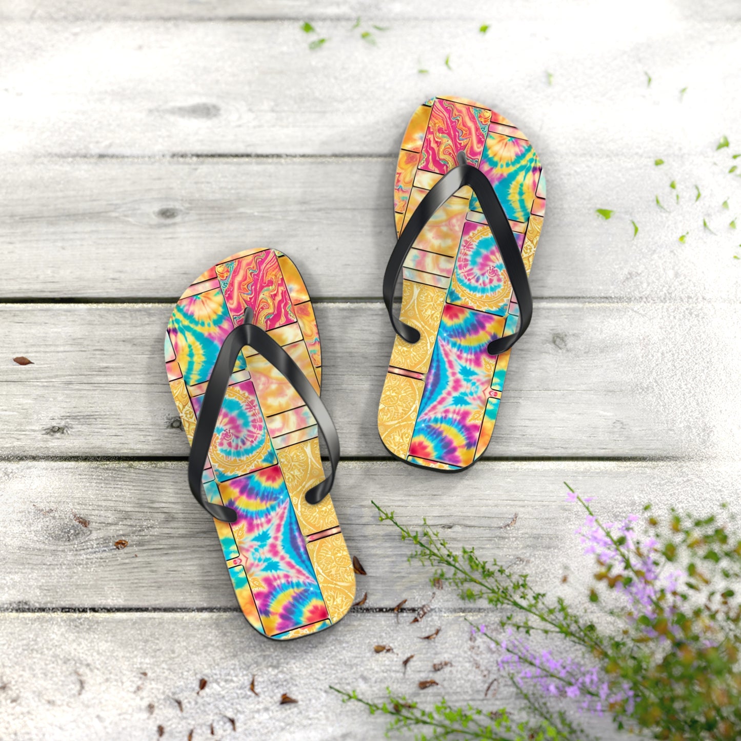 Tie Dye Gold Flip Flops